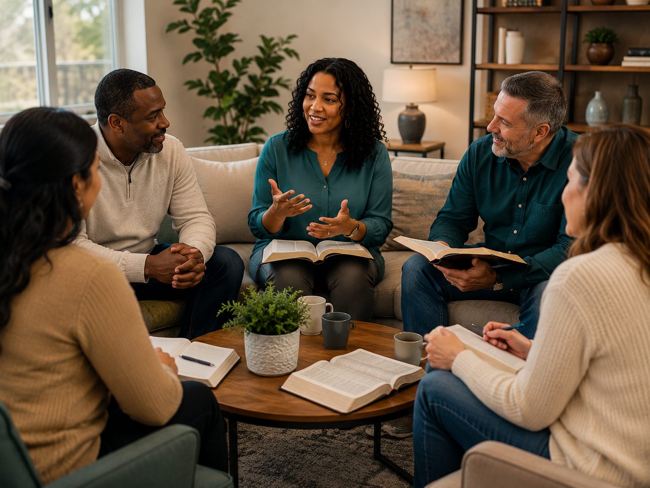A small group gathered around open Bibles in warm light.