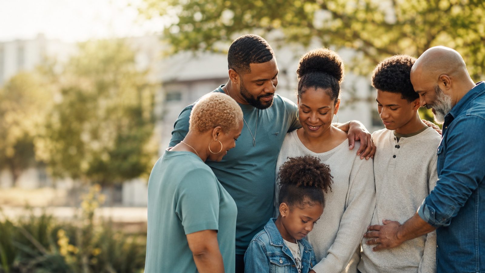 A multigenerational family standing together in prayer outdoors.