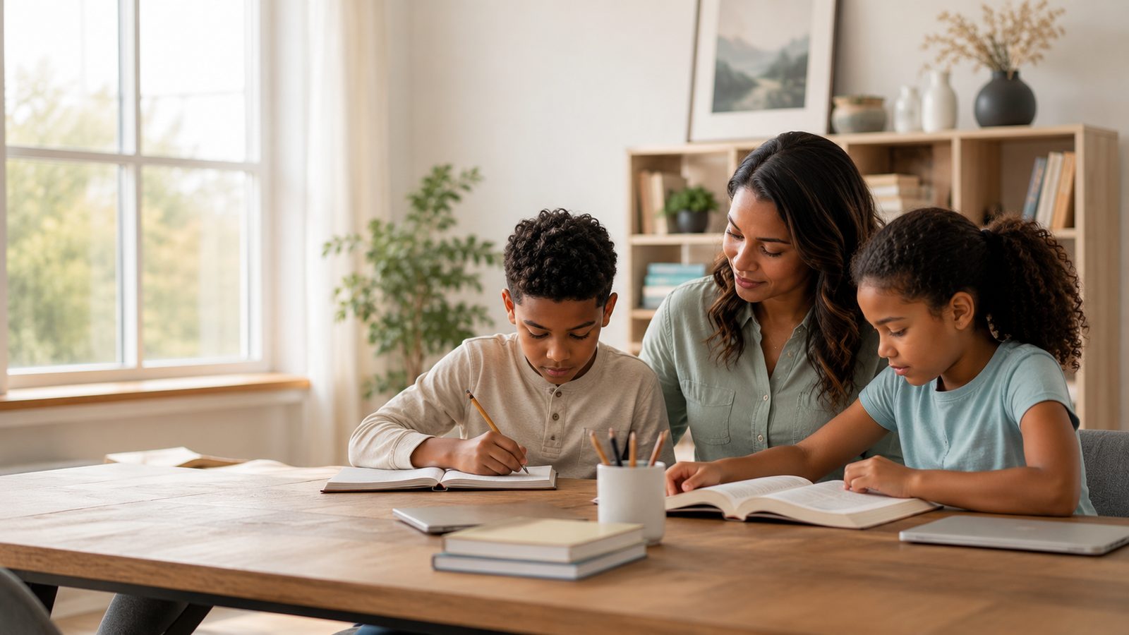 A parent and child learning together at home.